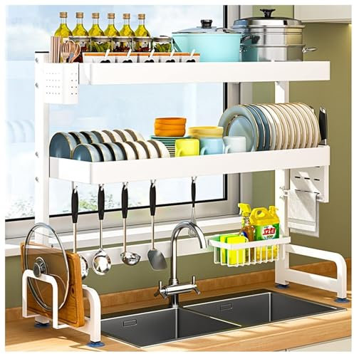 Escurridor de platos de acero inoxidable con soporte para tabla de cortar, estante grande para encimera de cocina, escurridor de platos blanco para fregadero de cocina, 65 x 29 x 83 cm