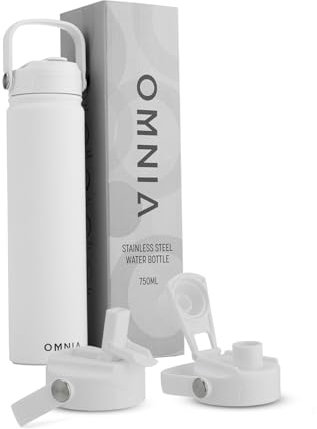 OMNIA Vacuum Insulated Stainless Steel Water Bottle, 2 Lids (Straw & Spout) Leakproof, BPA-Free, Reusable Flask, Hot & Cold Thermos for Sports, Gym, Travel, Outdoors (White, 750ML)