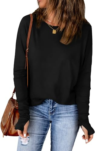 WIHOLL Long Sleeve Tops Women Basic Boat Neck Ladies Tops Thumb Hole Tunic T Shirt Women Size 14-16 Black