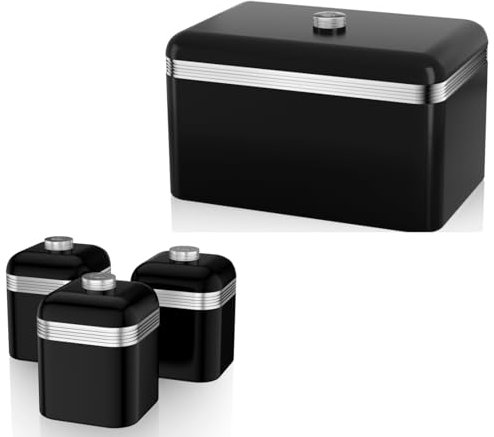 Swan Retro Black Bread Bin and Tea, Coffee, Sugar Canisters. Matching Retro Design Kitchen Storage Set in Black