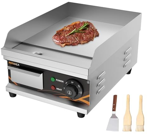 PATIOZA Commercial Electric Griddle 28cm Stainless Steel Flat Top Griddle | Teppanyaki Grill Temperature Control 50°C-300°C,include Spatula & Brush for Catering BBQ Steak,1700W