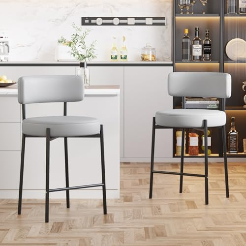 Ckaff Lot de 2 Tabouret de Bar, Chaise de Bar en Cuir PU, Chaise de Cuisine Hauteur 63.5cm, Tabourets de Comptoir, Tabouret de Bistrot, Siège rembourré avec Repose-Pieds pour Cuisine, Bar, Gris