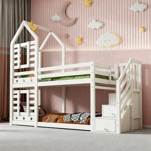 Kinderbett, Etagenbett, Hochbett als Baumhaus | Mit Rausfallschutz, Schubladen & 2 Lattenrosten | Maße 90x200 cm, Farbe Weiß