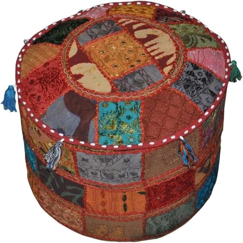 Arprani Ottomane Pouf Cover Round Ottomans Covers for Living Room Indian Pouf Ottoman Footstool-Cotton Beanbag Cover-seating Ottomans for Living Room-Indian Poufs