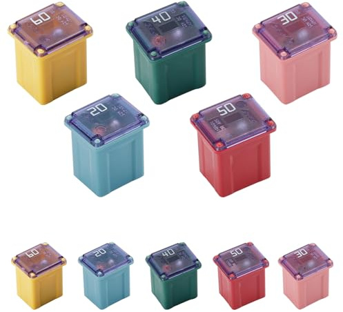 10PCS Automotive Low Profile JCASE Fuse Assortment Set Kit | 20A 30A 40A 50A 60A Fuses Box Shaped Micro Cartridge Fuses for Cars Trucks SUVs Boats Reliable Electrical Protection