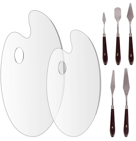 COGVOHY 2 Stück Klare Acryl Malpalette + 5 Stück Malmesser Set, Transparente Premium-Acrylpalette, Palettenmesser, Edelstahlschaber, Palettenschaber, Ölmalzubehör für DIY Kunsthandwerk Malerei