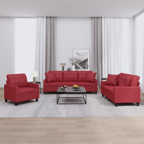 QUAHEAS 3-TLG. Sofagarnitur aus weinrotem Kunstleder mit Kissen, robustem Metallgestell und Schaumstofffüllung, ideal für Wohnzimmer und Entspannung