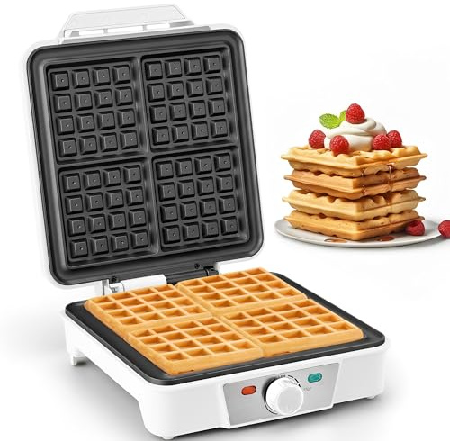 VINATO Waffeleisen für 4 belgische Waffeln, 1200 W, antihaftbeschichtet | Vier belgische Waffeln gleichzeitig: Waffelautomat mit 1200 W, stufenloser Temperaturregler, Backampel, Antihaft-Platten