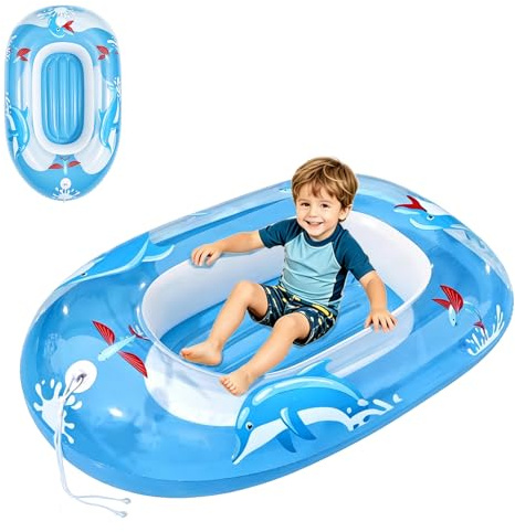 XIMEY Barco Hinchable para Niños, Bote Inflable Infantil para Piscina y Playa, Flotador de Agua con Cuerda de Remolque, Juguete Acuático de Verano para Vacaciones (E)