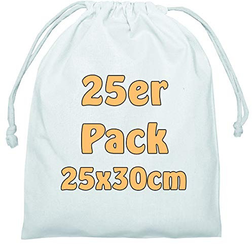 Cottonbagjoe Lot de 25 sacs en coton avec cordon de serrage - 25 x 30 cm - Blanc