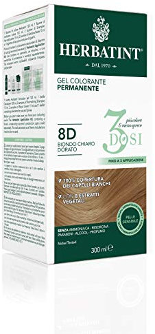 Herbatint Gel colorante permanente 3 dosis, 300 ml – 8D rubio claro dorado, sin amoniaco, para pieles sensibles, cobertura 100% para cabellos blancos, con 8 extractos naturales biológicos