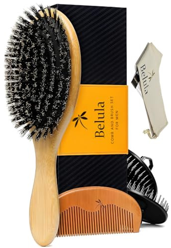 Belula Boar Bristle Hair Brush Set for Men - Soft Mens Hair Brush for Thin, Normal & Short Hair - Includes Wooden Comb, 2 Palm Brushes & Travel Bag - Best Hair Brushes for Men!
