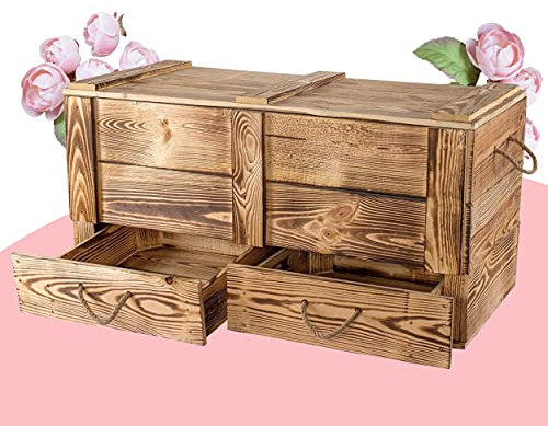 Moooble Geflammte Holztruhe mit Deckel + 2 Schubladen | 85 x 39 x 40 cm | als 'Schatzkiste' Holz im Kinderzimmer für Spielzeug & Decken