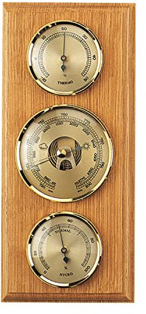 SELVA Wetterinstrument, Wetterstation, mechanisch, analog, Eiche hell, für außen, mit Thermometer, Barometer, Hygrometer, Maße: 270 x 120 mm