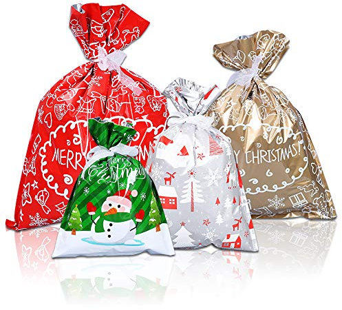 CCUCKY Weihnachten Geschenkverpackung Taschen, 4 Design & 4 Größe Geschenktaschen mit Band,für Xmas Party Dekoration (10 Stück)