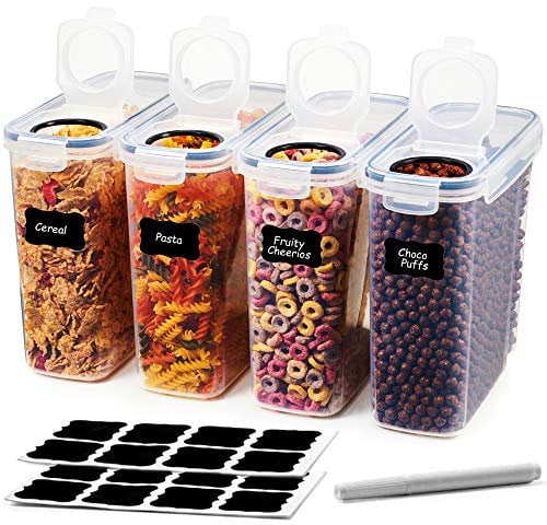 A&S Kitchen Cereal Storage Containers Set of 4x 4L Airtight Container with Lid, Labels, Chalk Pen. Pantry Storage Plastic Containers, Flour Storage Container, Pet Food Storage Containers Dispenser