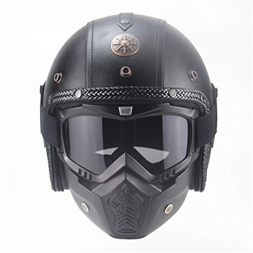 MRDEAR Vintage Scooter-Helm Herren mit Visier Maske Brille, Jethelme Rollerhelm Retro Handgemachtes PU-Leder Unisex Motorradhelm Roller Chopper Bobber Sturz-Helm, 4 Farben,A,M