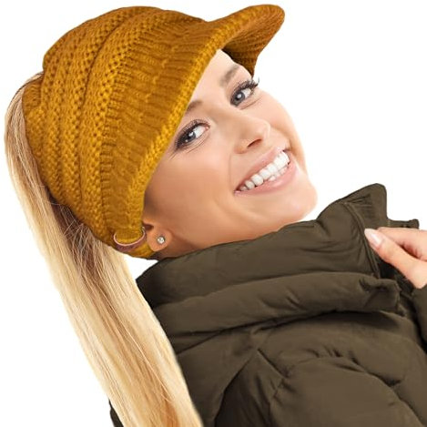 TOSKATOK Damen Slouchy Peaked Pferdeschwanz Unordentlicher Dutt Beanie Mütze Kappe, senffarben, Einheitsgröße