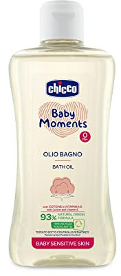 Chicco Baby Moments Olio Bagno per Pelli Sensibili, con Formula Naturale ad Azione Delicata e Idratante, 0+ Mesi - 200 ml