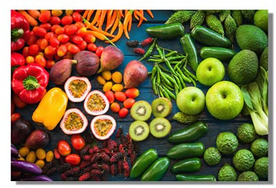 Leinwandbild Vivid Fruits and Vegetables | 120 x 80 cm Querformat Wandbild | Motiv mit Früchte Obst Apfel Kiwi Paprika | Deko Home Einrichtung | elegant modern farbig satte Farben | Küche Wohnzimmer