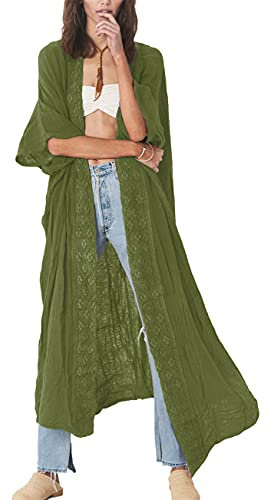Bsubseach Stickerei Open Front Strandkleid für Damen Half Sleeve Bikini Beach Kimono Cardigan Army Green