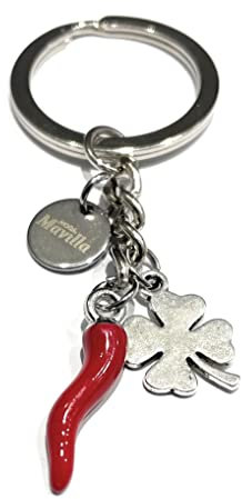 MODA MavillA portachiave quadrifoglio scaramantico acciaio idea regalo (Corno e quadrifoglio)