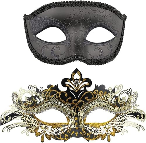 Qavctw Couples Venetian Masquerade Metal Masks for Mardi Gras Halloween Costume Ball Prom Mask 2 Pack