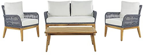 Beliani Garten Loungeset Akazienholz Hellbraun/blau 4-Sitzer Auflage cremeweiß Merano II