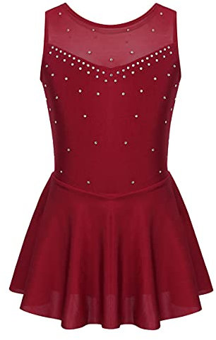 JEATHA Mädchen Glänzend Strass Eiskunstlauf Kleid Tanzkleid Ärmellos Ballettkleid Tüllkleid Rollschuh Sakter Kleider Ballett Trikot Tanzkleidung Burgundy A 170-176