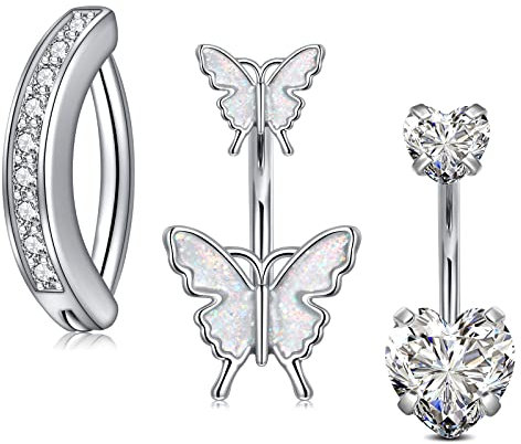 Crdifu 3stk Bauchnabelpiercing 10mm Silber Chirurgenstahl Herz Schmetterling Bauchpiercing Clicker Piercing Bauchnabel