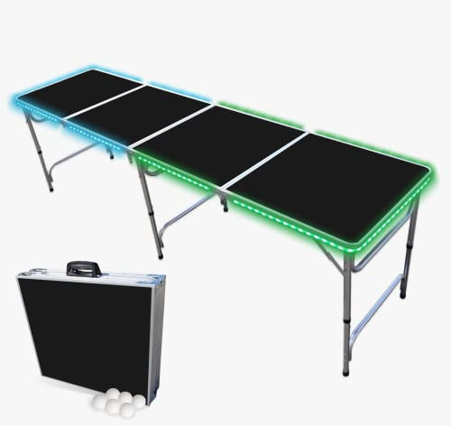 PARTYPONG Klappbarer Pong-Tisch mit LED-Lichtern, gratis HEXCUPs, radierbare Marker, Pong-Bälle und Dreieck-Aufkleber, schwarze abwischbare Oberfläche