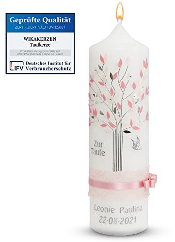 WikaKerzen Mädchen Jungen Taufkerze personalisiert mit Lebensbaum Motiv individuell handverziert als Geschenk zur Taufe & Kommunion | Jetz Farbe und Größe wählen (Rosa, Lebensbaum)