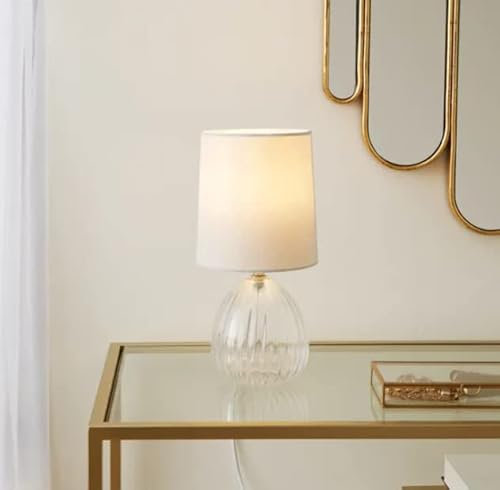 Bloomingtons Direct Table Lamp Bedside Light Clear Glass Base & Faux Linen Bell Shade Bedroom Nightstand Glass Table Lamp (Ivory)