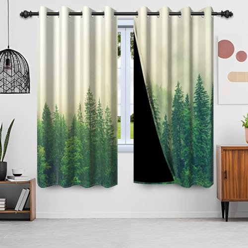 Gardinen Waldmotiv, Uiioooazy Vorhänge Blickdicht Grün Blätter Pflanzen Baum Motiv Thermovorhang Polyester Schattierungsvorhänge Verdunkelungsvorhänge mit Ösen für Schlafzimmer Wohnzimmer, 140x145cm