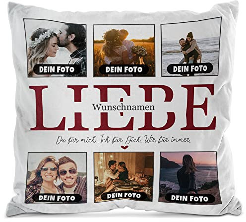 PR Print Royal Flauschiges Kissen mit Füllung - Fotocollage selbst gestalten - Wir für Immer - mit Namen und sechs eigenen Fotos - Geschenkidee Fotokissen | Kissen weiß flauschig, 40 x 40 cm