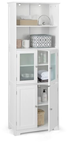 GOPLUS Meuble de Rangement pour Salle de Bain avec 3 Parties, Rangement 6 Niveaux avec 2 Étagères Ouvertes et 2 Compartiments, Portes en Verre Transparent et Poignées Métalliques, Gris