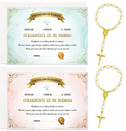 COLOFALLA 2 Set Certificato Padrino e Madrina Battesimo Diploma Biglietti Buste Braccialetto Padrino e Madrina Battesimo Bracciale Regalo Battesimo Decorazione Comunione Nascita Baby Shower Fai da Te