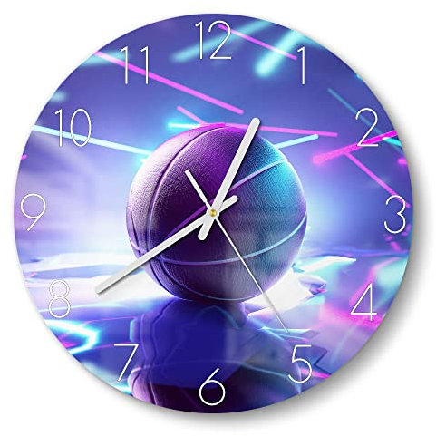 DEQORI Glasuhr | rund Ø 30 cm | Motiv Inszenierter Basketball | ausgefallene leise Design Uhr aus Glas | Wanduhr für Wohnzimmer & Küche | Moderne Hingucker Uhr für die Wand