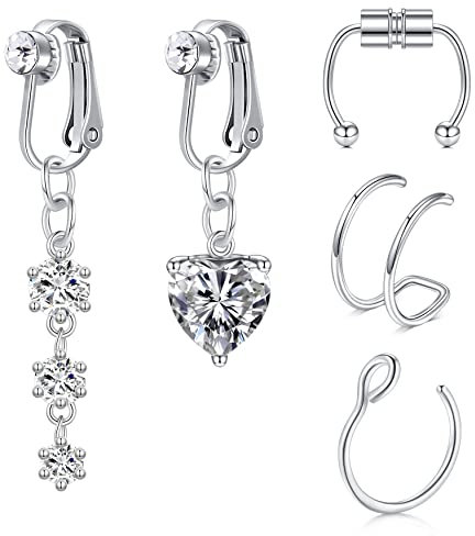 Mayhoop Argent 2PCS Faux Piercing Nombril Clip on Piercing Nombril Acier Chirurgical Faux Anneaux Nombril avec CZ Dangle 3PCS Non Percé Piercing Anneau de Nez Bijoux