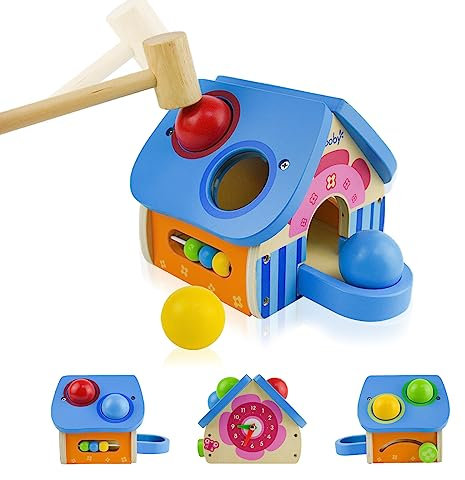 Locisne Hölzerne Hammer Ball Drop hölzerne Pounding Haus Spielzeug, 4 in 1 Montessori interaktives Spielzeug, Kinder frühen sensorischen Sport-Aktivitäten Lernen, für 12+ Monate