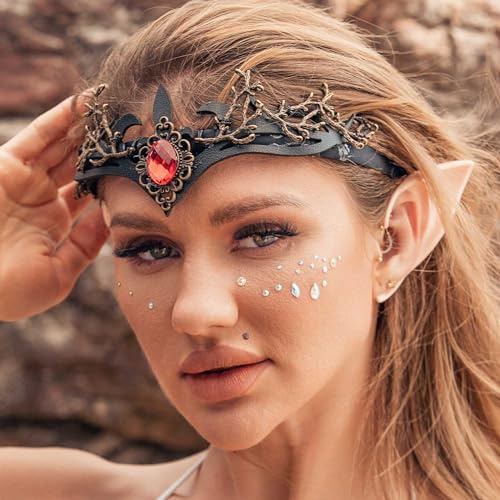 Handcess Karneval Stirnbänder mit Elfenohren Schwarz Gothic Kopfbedeckung Edelstein Haarreifen Festival Kostüm Kopfschmuck für Halloween Kostüm Festival