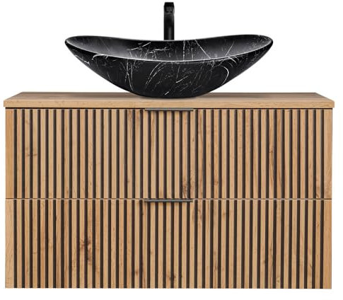 Lomadox Waschtisch Set 100 cm mit Unterschrank anthrazit Eiche Nb. schwarz gerillt Waschbecken Keramik schwarz marmoriert B/H/T ca. 100,6/74,7/46,5 cm