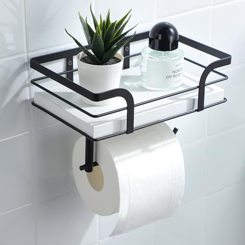 Toilettenpapierhalter mit Ablage – Toilettenpapierhalter, moderne Dekoration für Badezimmer, weißes Holzregal ohne Bohren und Wandmontage