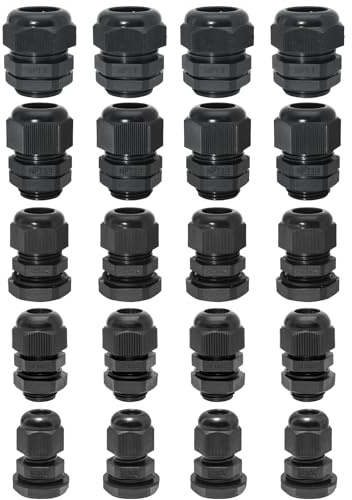 Bonsicoky 20 Pcs Nylon Cable Gland Kit, IP68 Waterproof Adjustable Cord Grip Cable Connector Strain Relief Wire Protectors, 1/4 3/8 1/2 3/4 1, Black