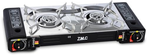 ZMC - Hornillo de gas para camping (2 focos, incluye adaptador para conexión LPG + maletín de almacenamiento, hornillo de camping para exterior e interior, hornillo de gas doble con encendido