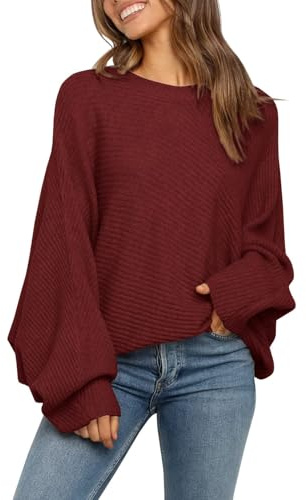 Fessceruna Pull en tricot à manches chauve-souris surdimensionné pour femme - Col rond - Pull d'hiver côtelé