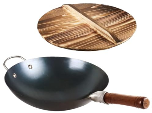 Carbon Steel Hammered Pow Wok Pan with Elegant Wooden Lid | 36 cm Non-Stick Black Round Woks and Stir-Fry Pans | Gas Stove Induction Hob Cooker Frying Pan