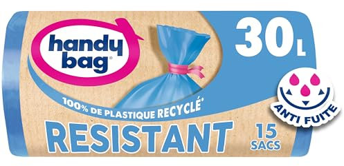 Handy Bag - Sacs poubelle à lien Résistant 30L x 15 sacs - Performants : film plastique résistant - Étanchéité maximale - 100% plastique recyclé