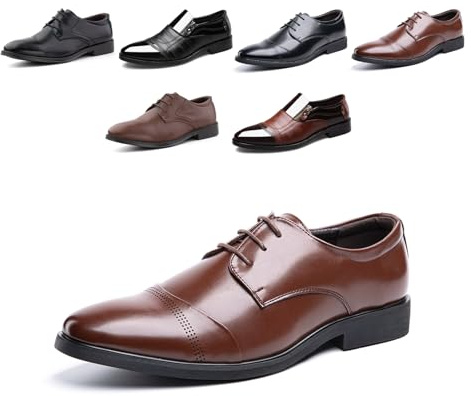 Derbies Shoes Men Oxford Shoes Classic Brogues Casual Patent Leather Lace Up Formal Dress Shoes Business Wedding Lightweight Non-Slip GJA1117 Brown UK 5