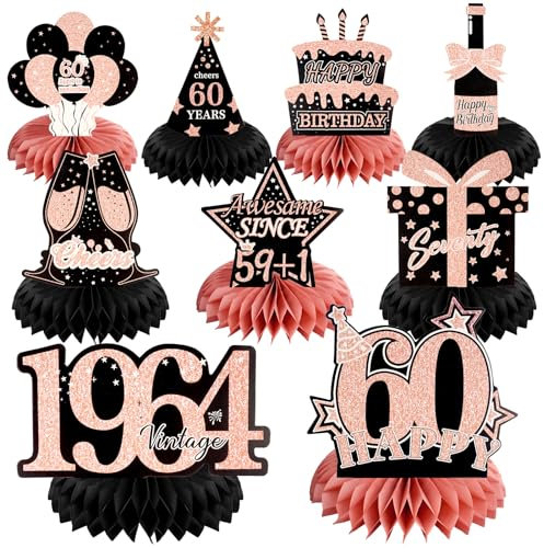 Tischdeko 60 Geburtstag Frauen, 9 Stück, 60. Geburtstagsdeko, Deko 60. Geburtstag Mädchen, Roségold-Schwarz Papier Geburtstag Bienenwaben Deko fürGeburtstagsparty Zubehör